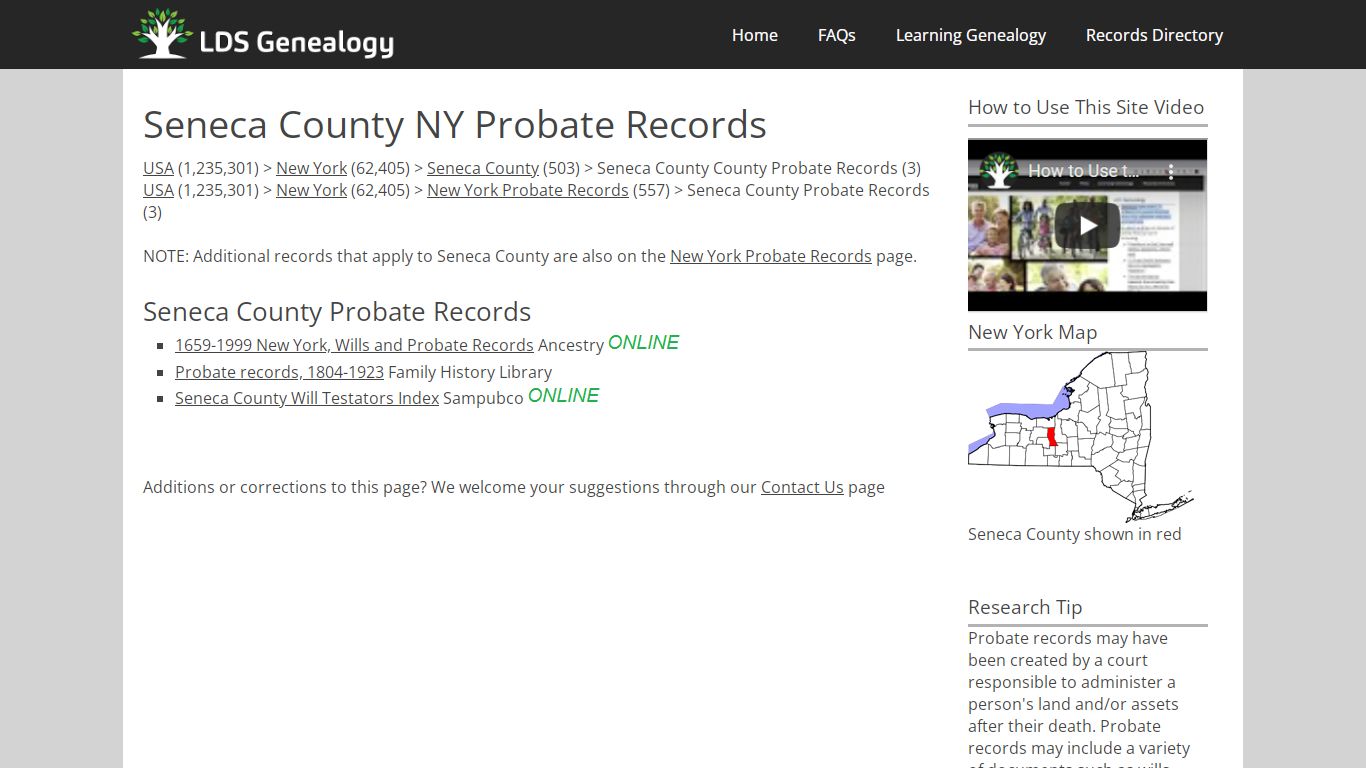 Seneca County NY Probate Records - LDS Genealogy